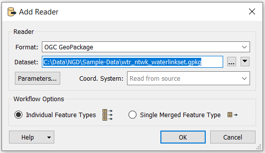 Screenshot showing the FME Add Reader dialog. 