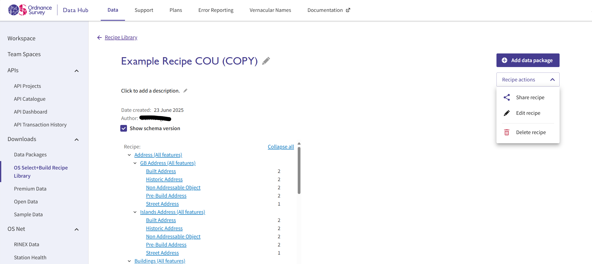 Screenshot of the OS Select+Build Recipe details screen in the OS Data Hub, with the Recipe actions dropdown showing where you can share, edit or delete a recipe.