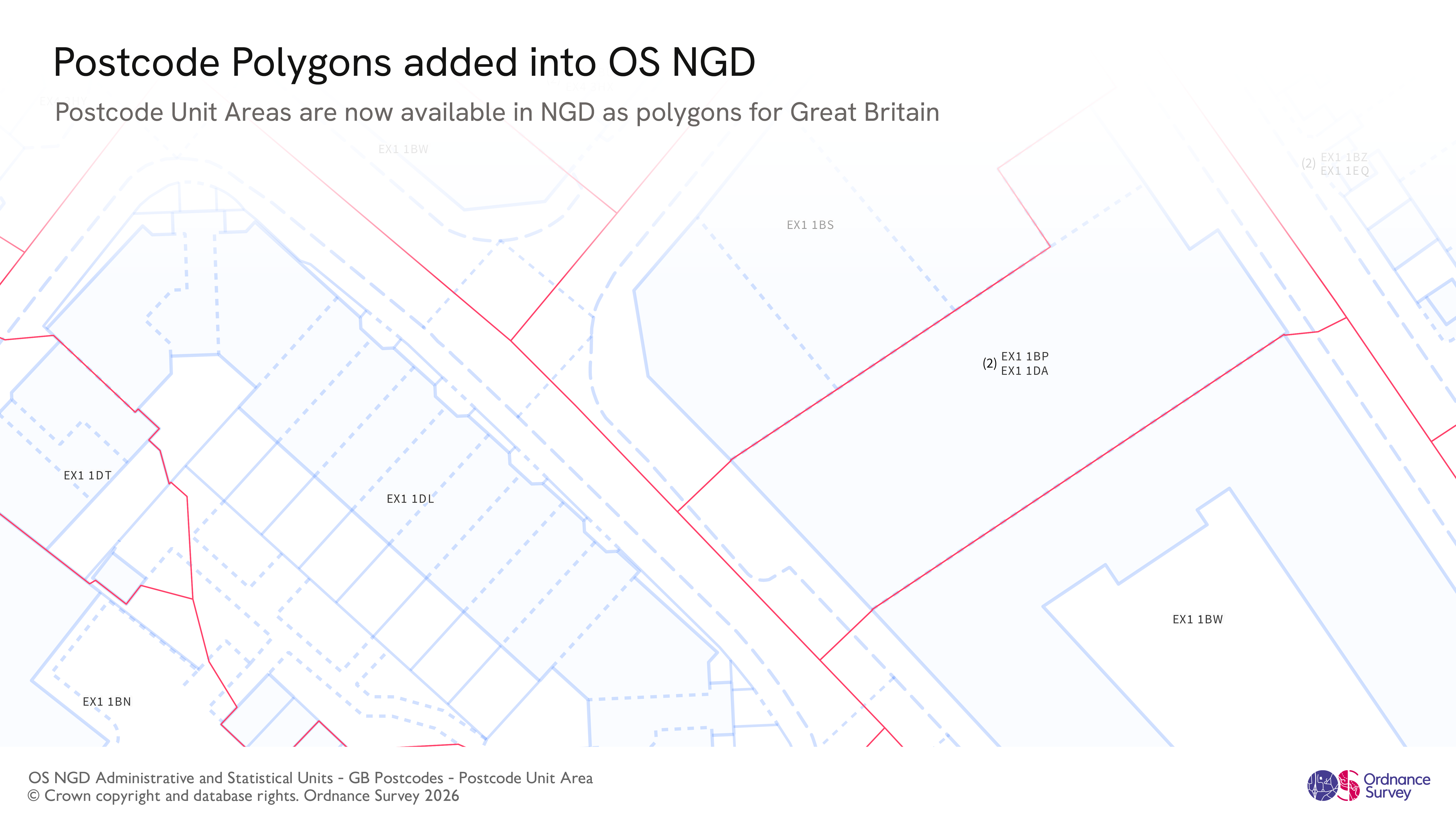 Example image showing Postcode Unit Area features over part of Exeter. A background map is included for context.