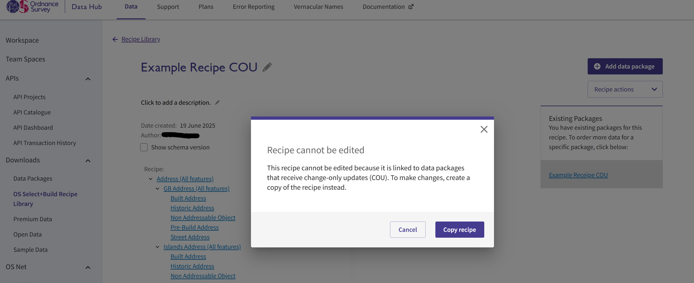 Screenshot of the OS Data Hub 'Recipe cannot be edited' warning pop up in OS Select+Build.