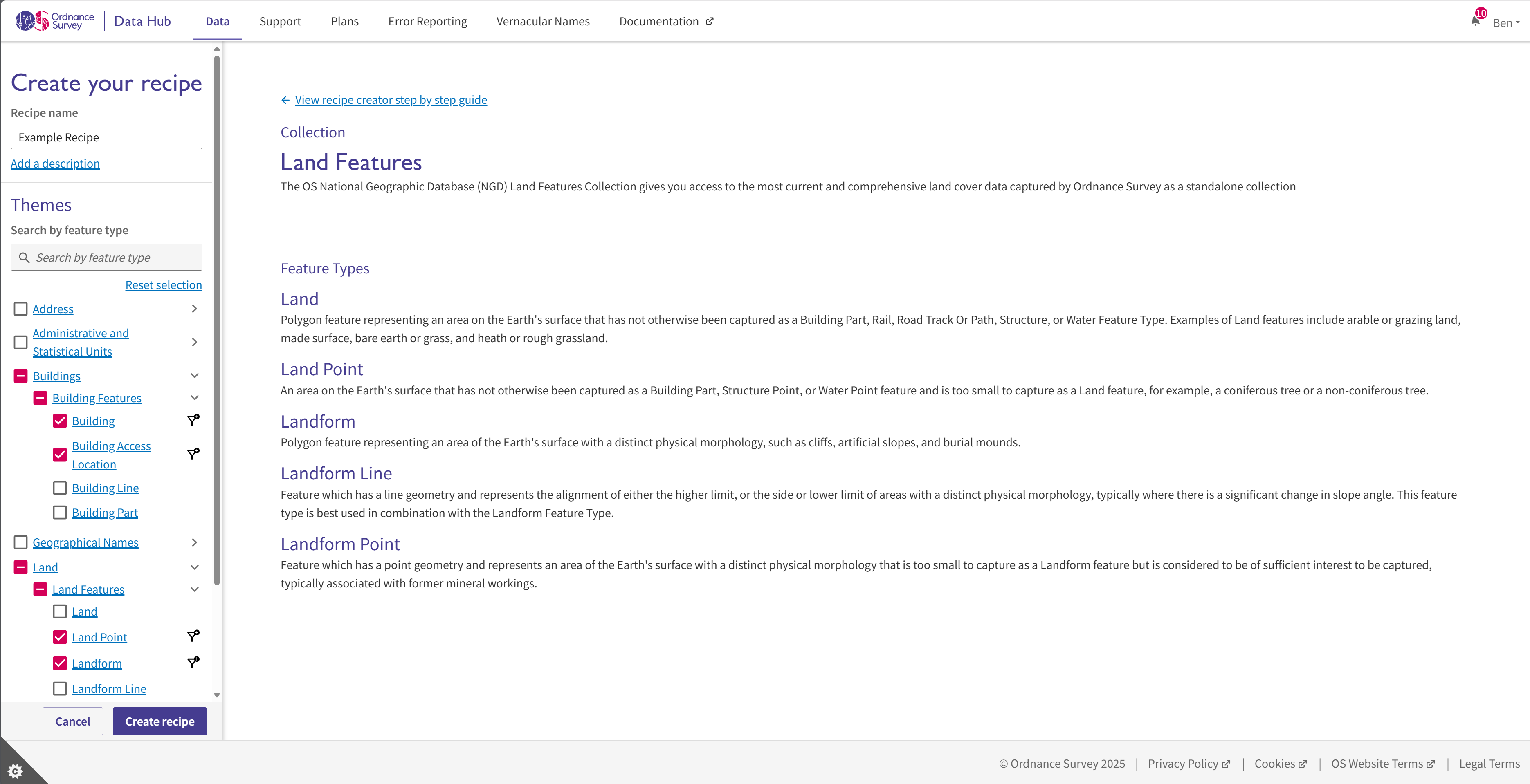 Screenshot of the OS Select+Build Recipe creator screen within the OS Data Hub, showing an example of creating a new recipe. Several themes, collections and feature types have been selected from the secondary navigation menu on the left-hand side of the screen.