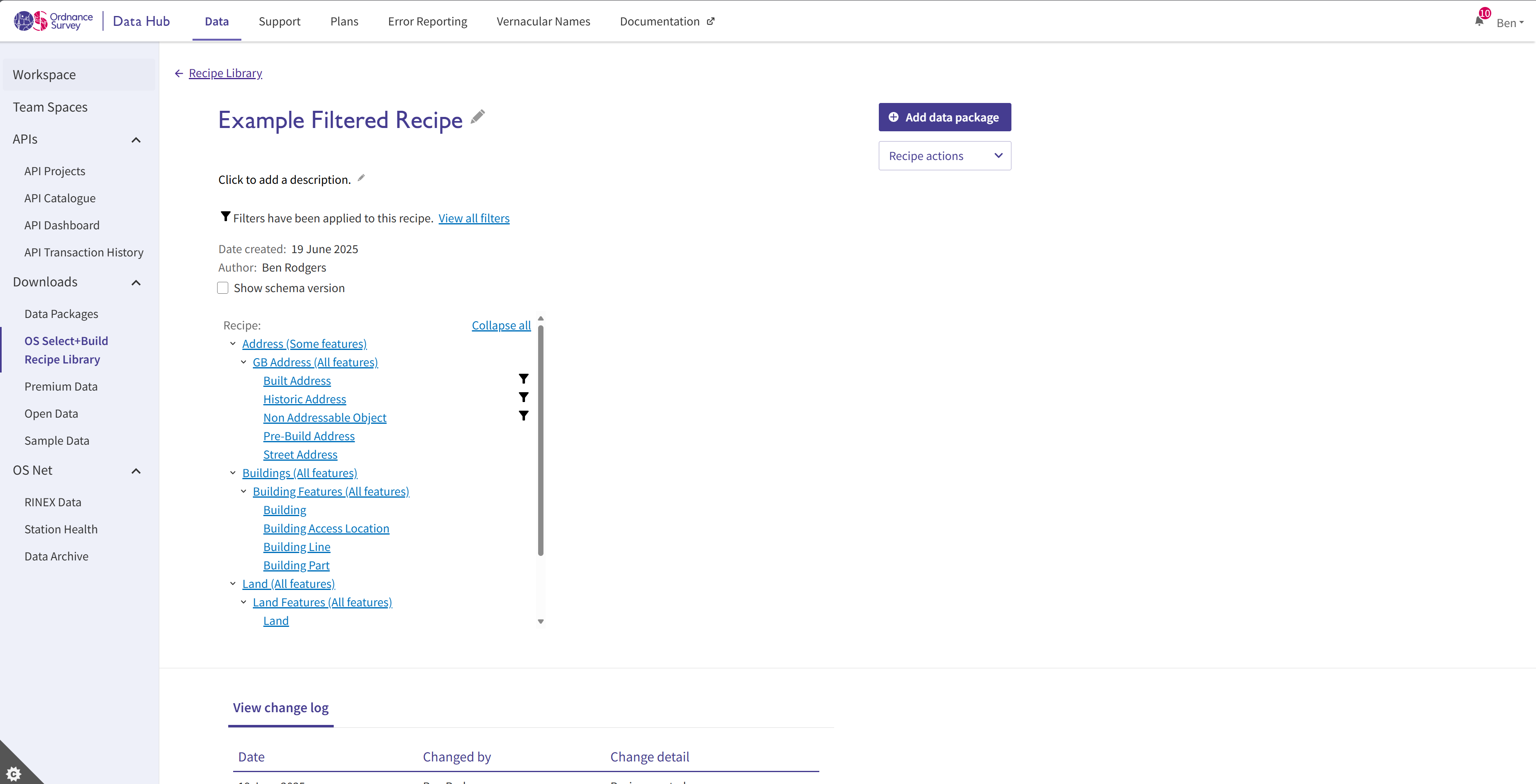 Screenshot of the OS Data Hub, showing the OS Select+Build recipe details screen. This screen shows in-depth information about an example recipe, including the recipe name, a description of the recipe, the filters used, the creation date, its author, and the OS NGD themes, collections and feature types present within it.