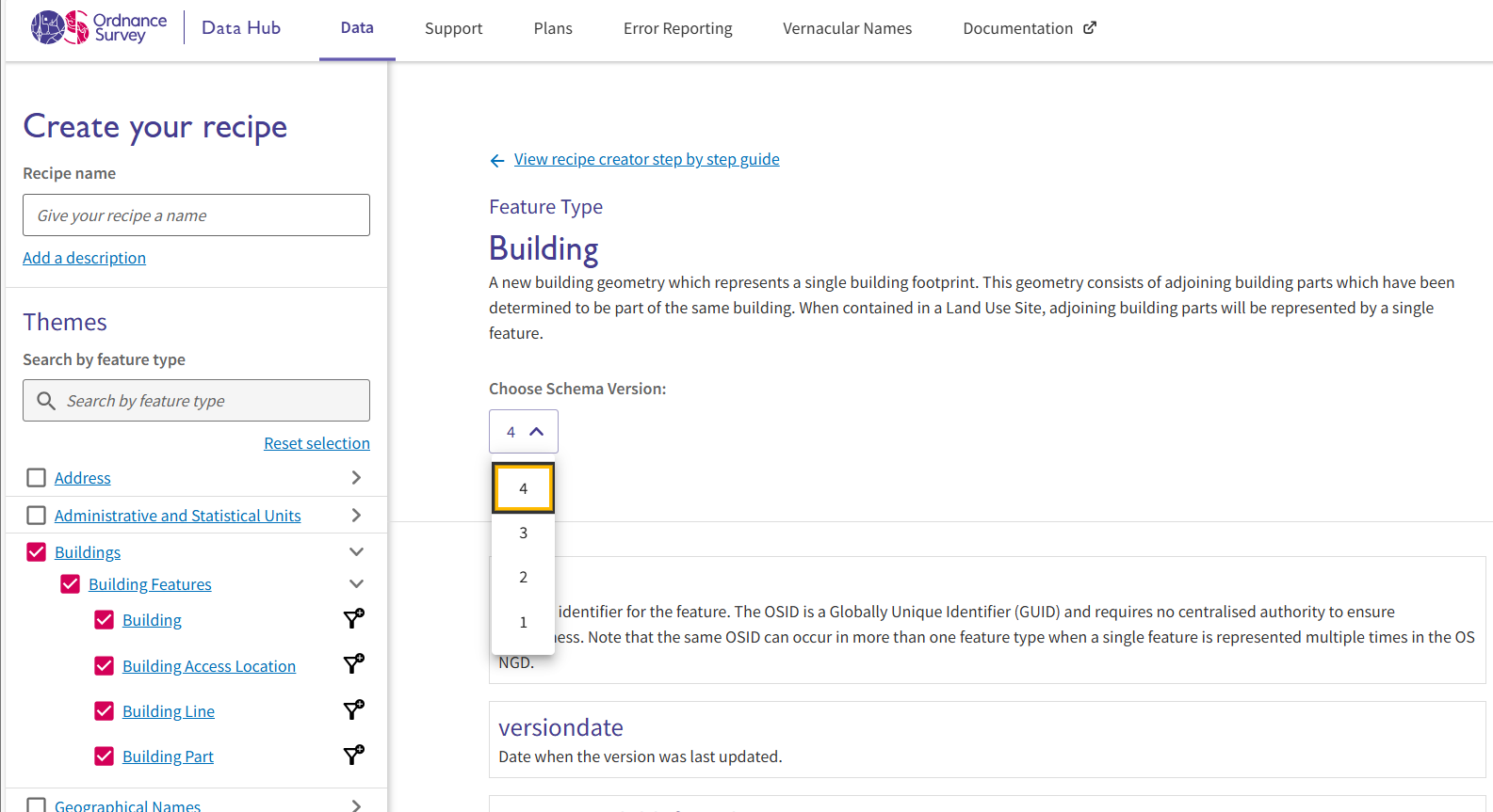 Screenshot of the OS Select+Build Recipe creator screen within the OS Data Hub, showing an example of creating a new recipe and selecting a data schema version for a feature type.
