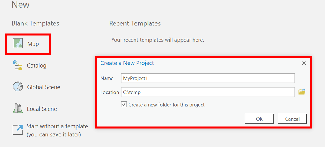 Screenshot showing how to create a new project in ArcGIS Pro.