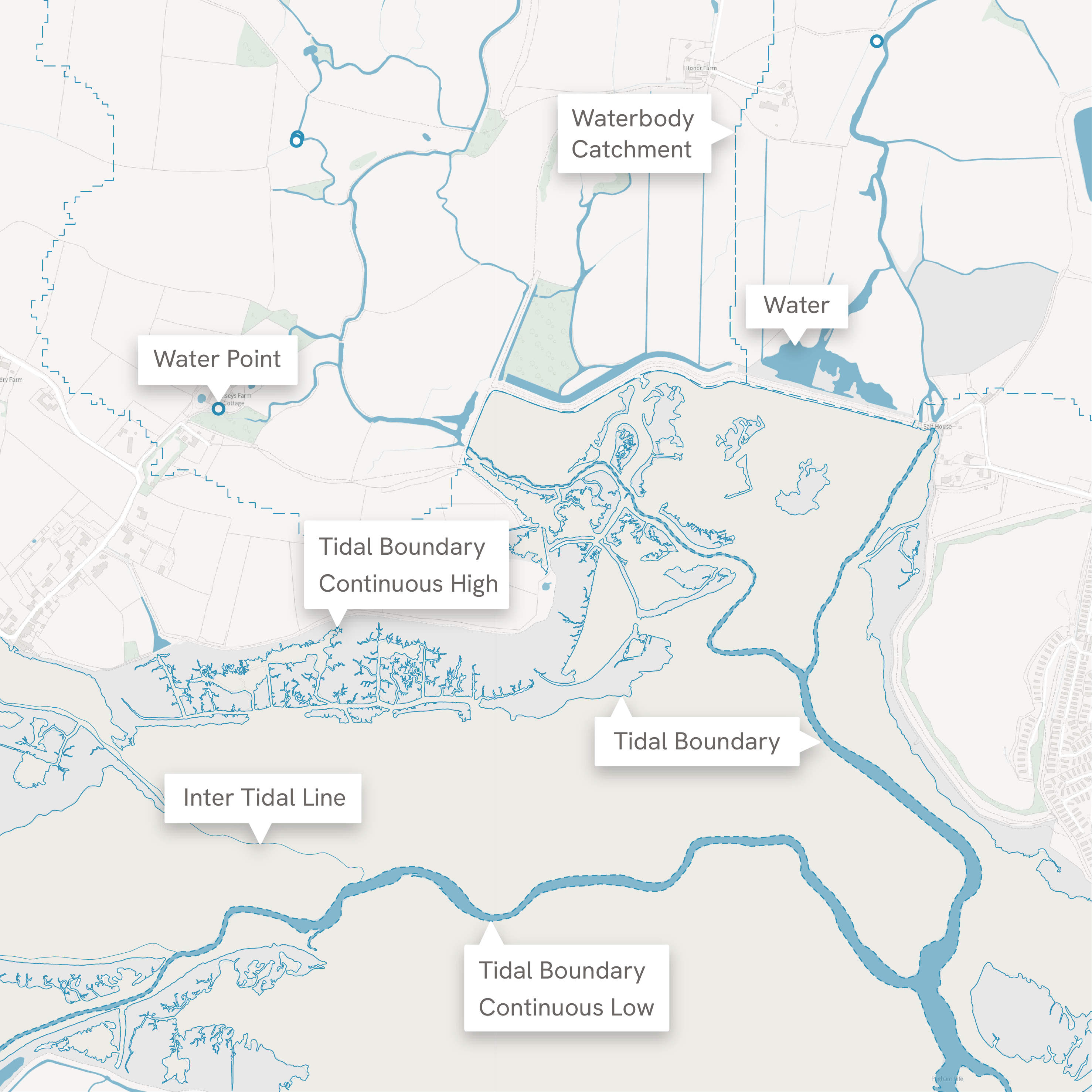 Example image showing what seven of the eight feature types in the OS NGD Water Features Collection look like in the data. A background map has been included to provide context.