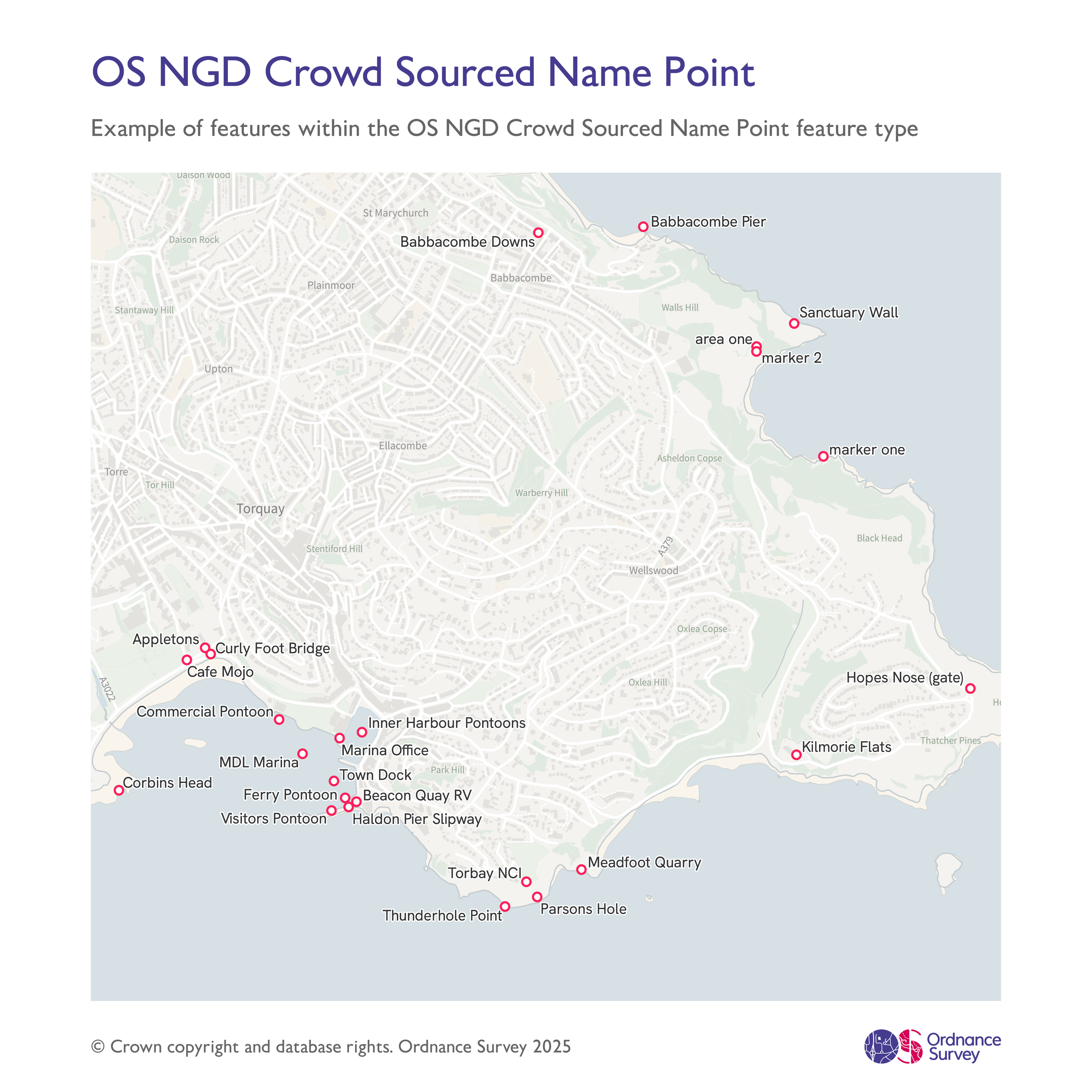 Examples of features within the Crowd Sourced Name Point Feature Type. The map is centred over Torquay, Devon, England. The point features are indicated by red circles and they have a name next to them. 