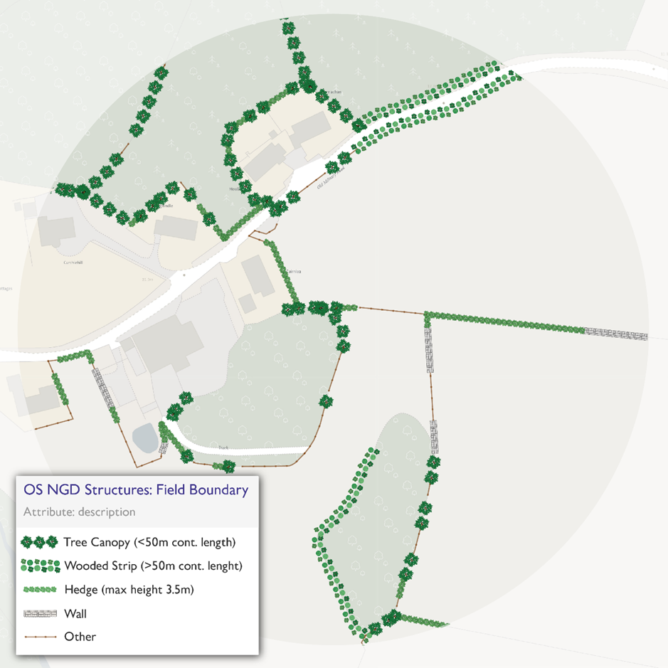 Example image showing what the Field Boundary Feature Type looks like by mapping the data to symbolic images that represent each field boundary description value. A background map has been included to provide context.