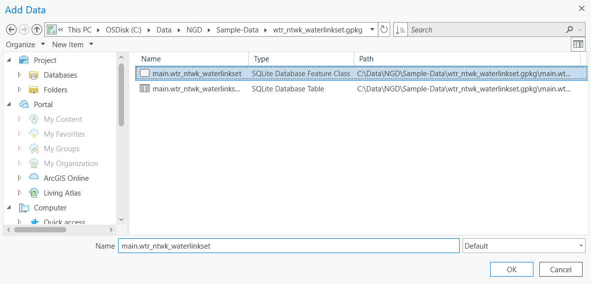 Screenshot of the Add Data layer selection dialog in ArcGIS Pro.