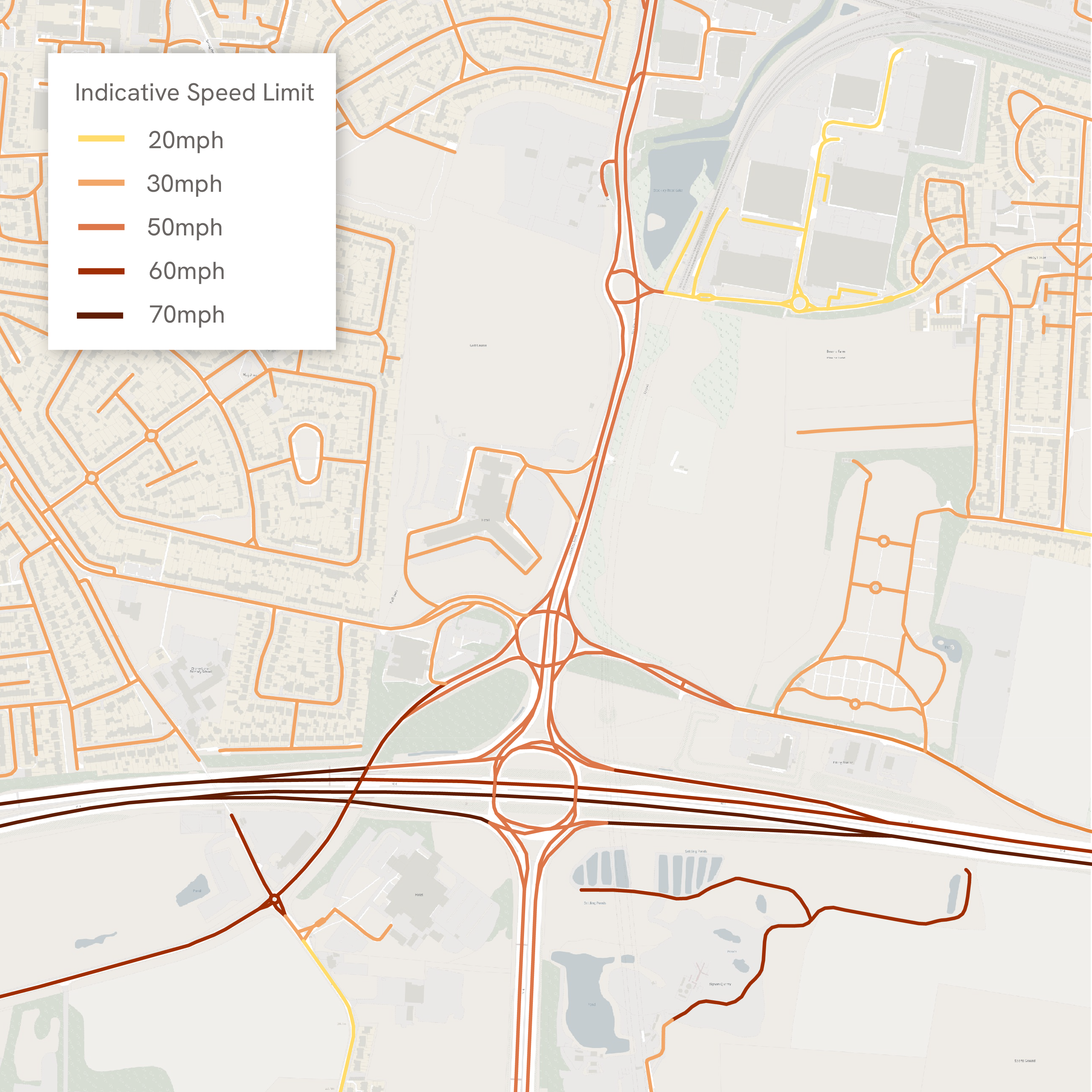 Example image showing what the Average And Indicative Speed Feature Type in the OS NGD RAMI Collection looks like in the data. A background map has been included to provide context.