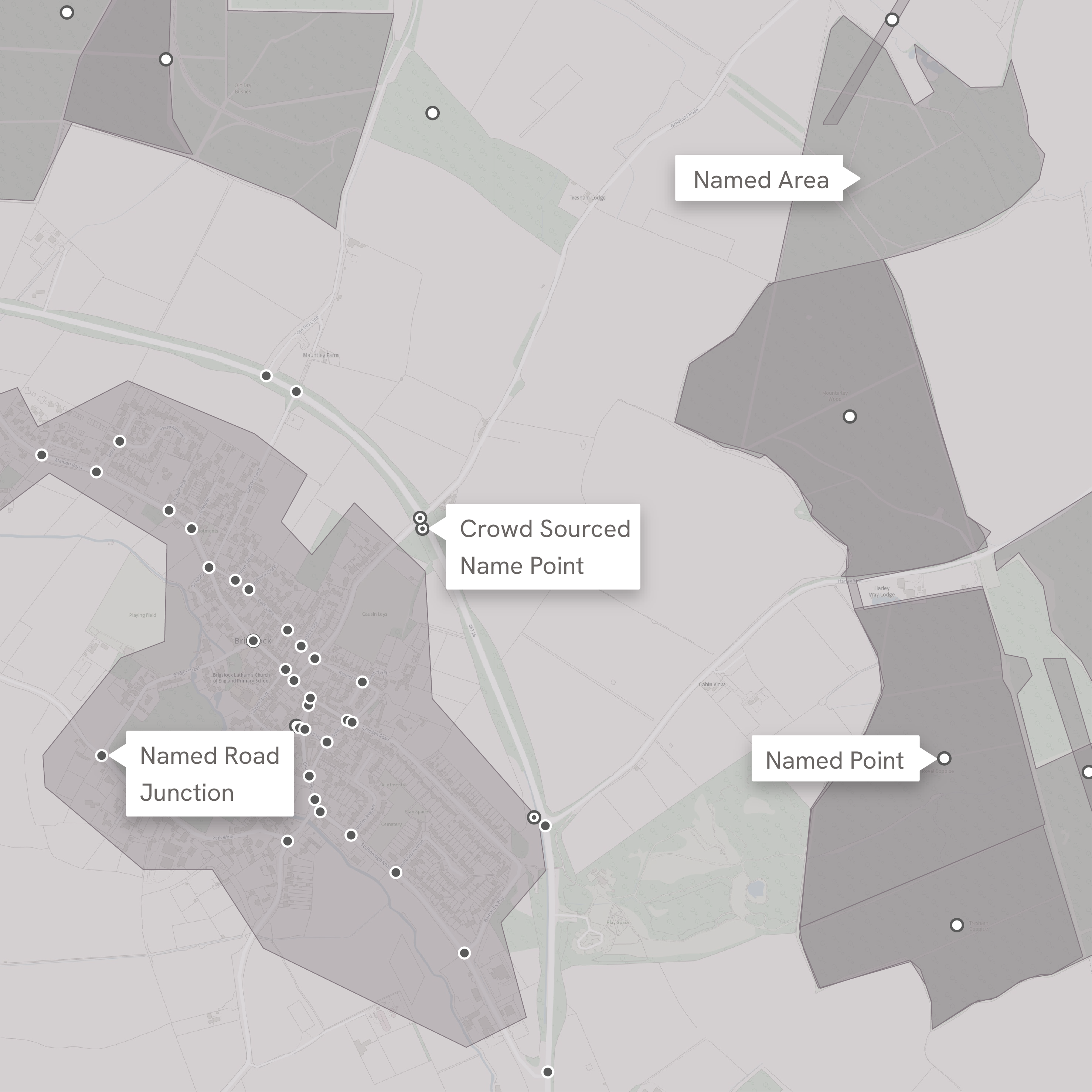 Example image showing what the four feature types in the OS NGD Named Features Collection look like in the data. A background map has been included to provide context.