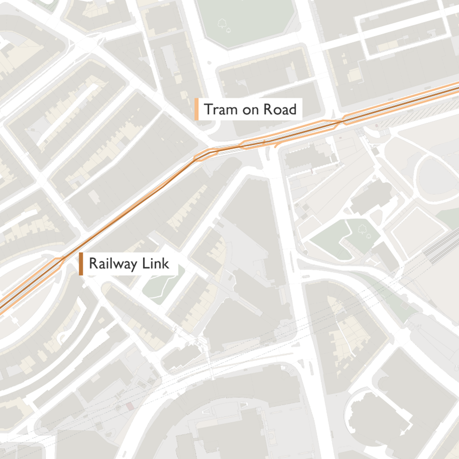 Example map comparing Tram On Road and Railway Link Feature Types.
