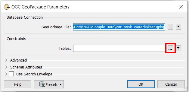 Screenshot showing the FME OGC GeoPackage Parameters dialog.