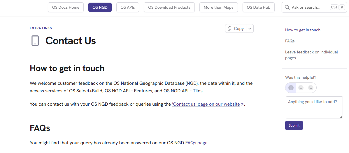 Screenshot showing where customers can leave feedback on a page on this documentation site. The 'Was this helpful' buttons on the top right-hand-side of a page are shown as is the text box underneath these buttons where customers can leave their comment on a page.