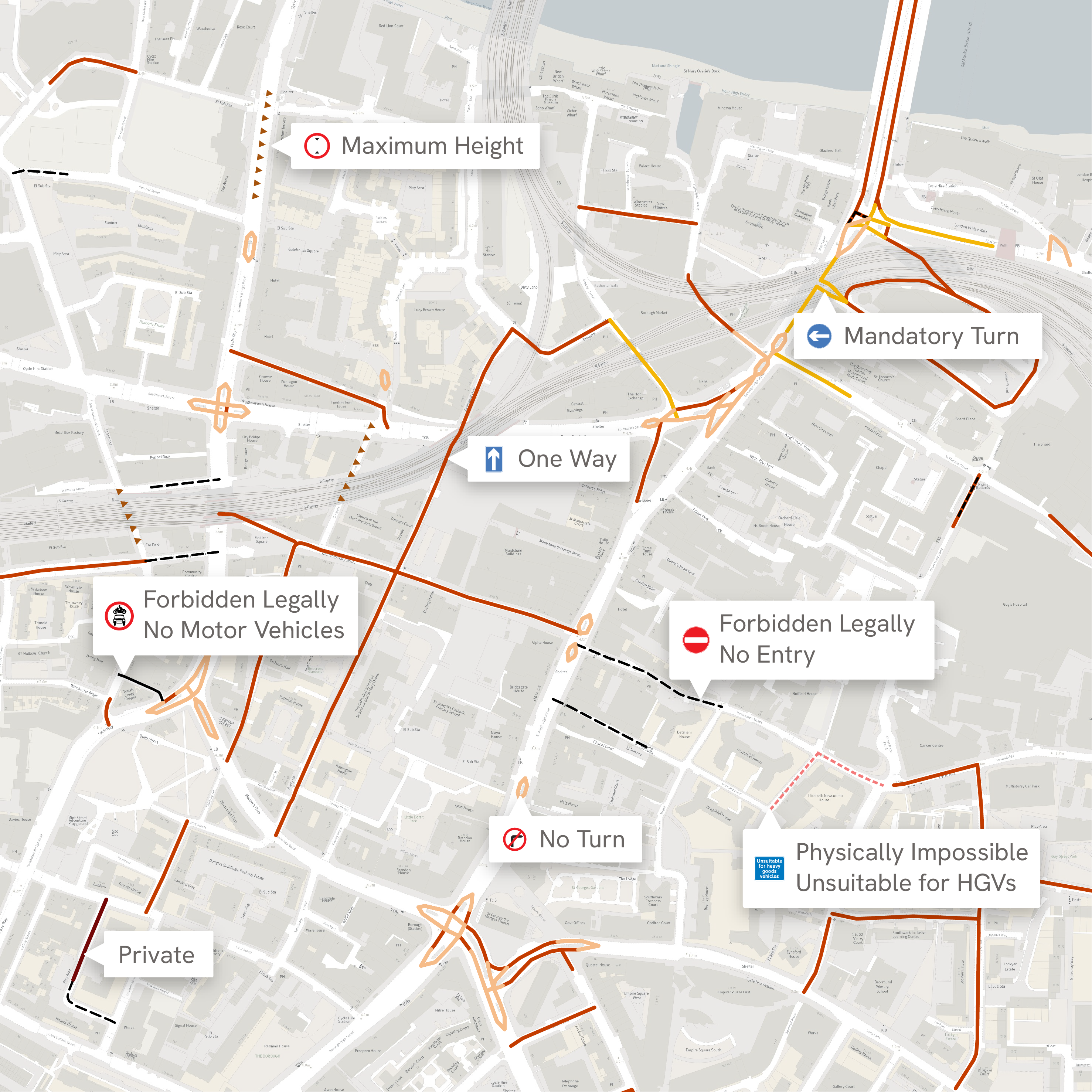 Example image showing what the Restriction Feature Type in the OS NGD RAMI Collection looks like in the data. A background map has been included to provide context.