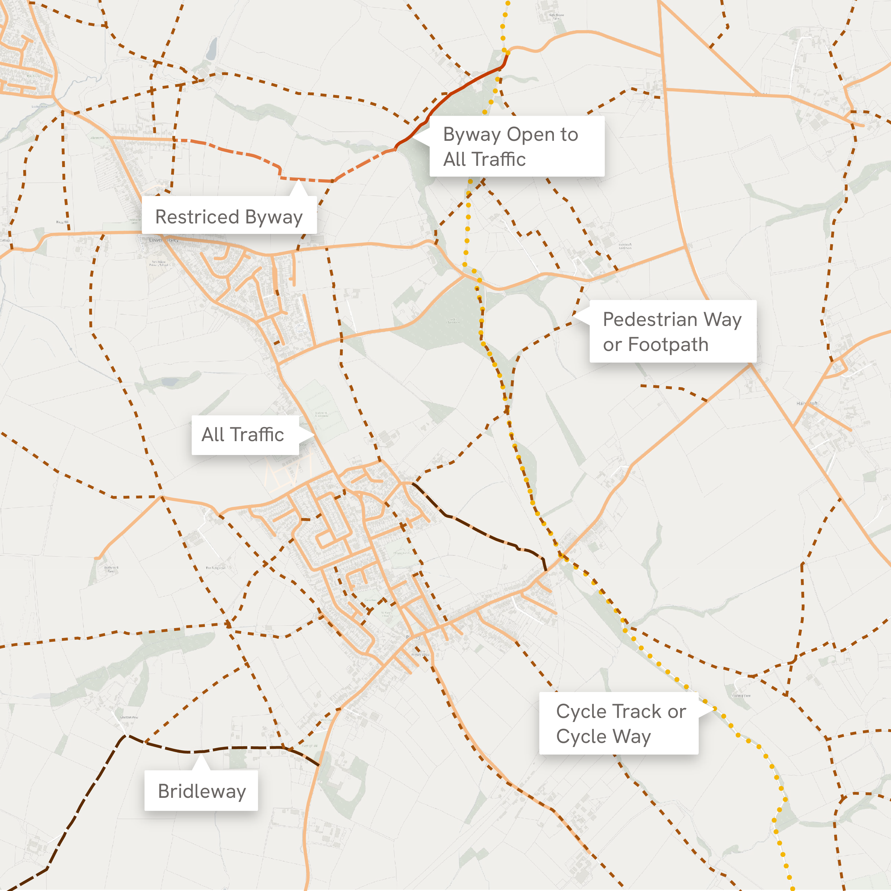 Example image showing what the Highway Dedication Feature Type in the OS NGD RAMI Collection looks like in the data. A background map has been included to provide context.