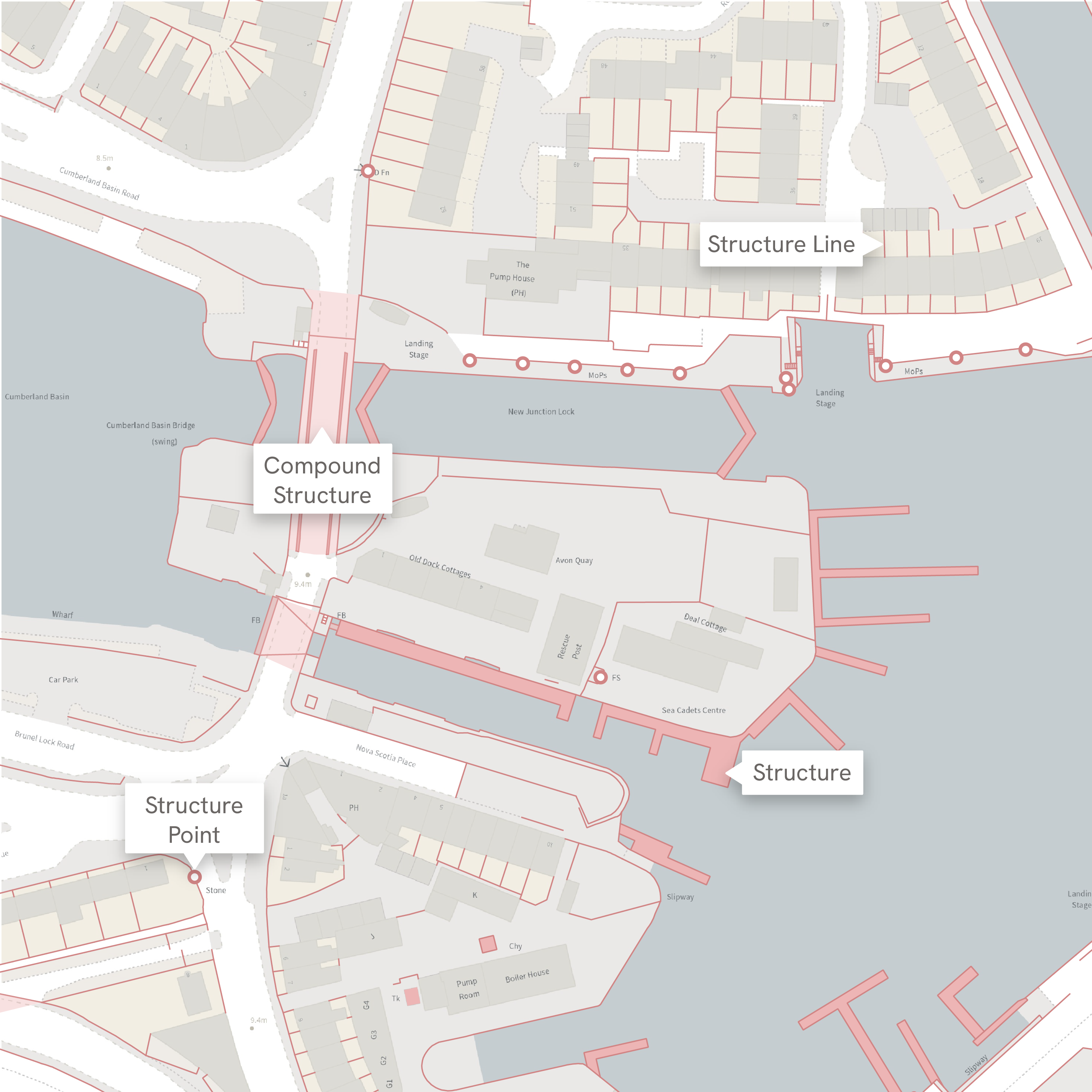 Example image showing what four of the five feature types in the OS NGD Structure Features Collection look like in the data. A background map has been included to provide context.